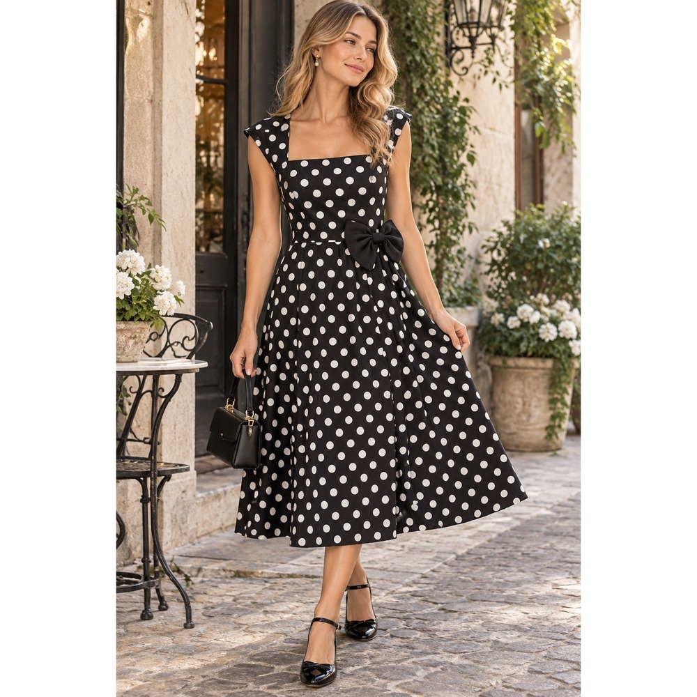 Black White Polka Dot Fit & Flare Bow Dress Retro Rockabilly Size 36 Small Retro